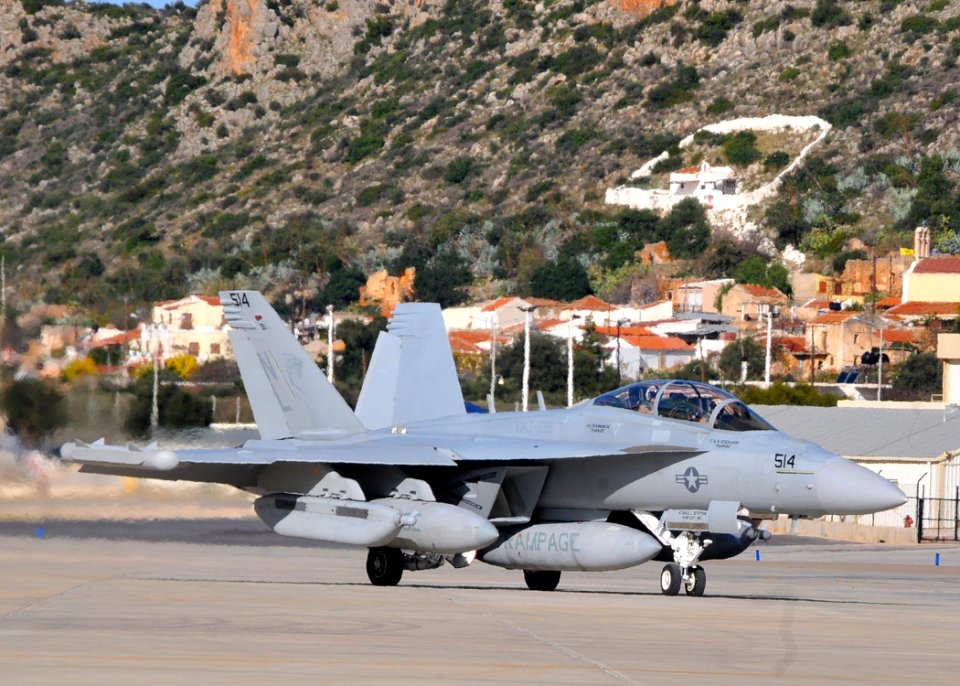 US Navy 111220-N-MO201-140 An EA-18G Growler aircraft taxis for departure following a transient stop on Crete