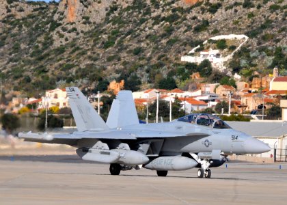 US Navy 111220-N-MO201-140 An EA-18G Growler aircraft taxis for departure following a transient stop on Crete