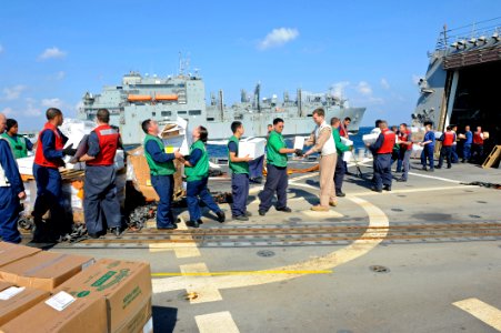 US Navy 111216-N-VH839-069 Sailors aboard the Arleigh Burke-class guided-missile destroyer USS Dewey (DDG 105) move food and supplies off the fligh photo