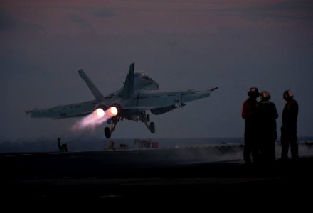 US Navy 111221-N-DR144-418 An F-A-18F Super Hornet assigned to Strike Fighter Squadron (VFA) 22 launches from the flight deck of the Nimitz-class a