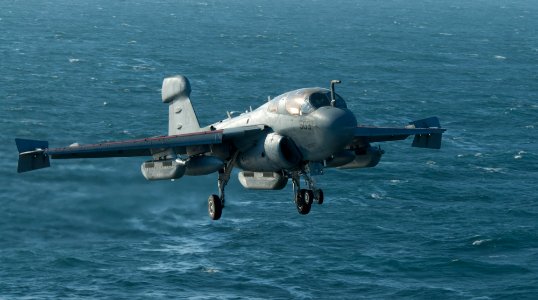 US Navy 111219-N-OY799-077 An EA-6B Prowler from the Wizards of Electronic Attack Squadron (VAQ) 133 lands on the flight deck of the Nimitz-class