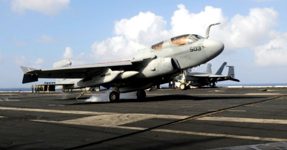 US Navy 111222-N-RG587-040 An E-A-6B Prowler assigned to Electronic Attack Squadron (VAQ) 134 makes an arrested landing on the flight deck aboard t