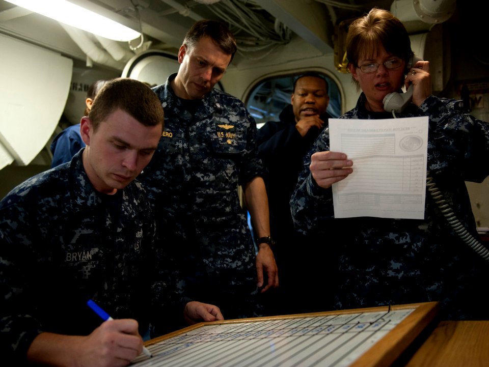US Navy 111230-N-DR144-079 Personnel Specialist 3rd Class James Bryan, left, and Yeoman 1st Class Nancy Kearney, track incoming departmental muster