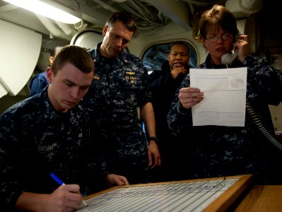 US Navy 111230-N-DR144-079 Personnel Specialist 3rd Class James Bryan, left, and Yeoman 1st Class Nancy Kearney, track incoming departmental muster