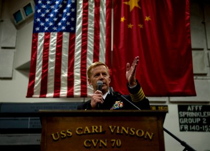 US Navy 111227-N-DR144-753 Capt. Kent D. Whalen, commanding officer of the Nimitz-class aircraft carrier USS Carl Vinson (CVN 70), delivers remarks