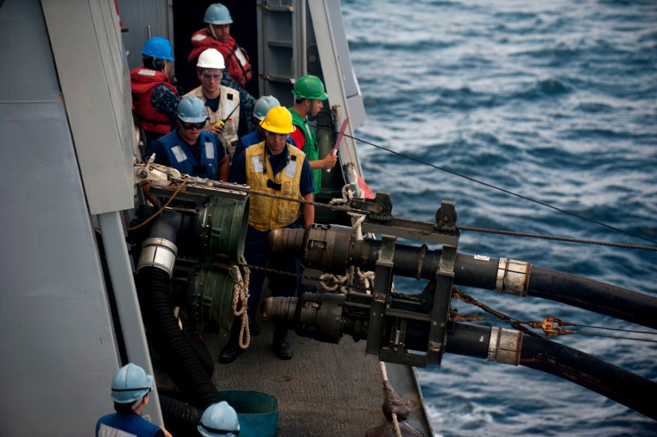 US Navy 120104-N-PB383-513 A double-probe fuel line approaches a refueling station