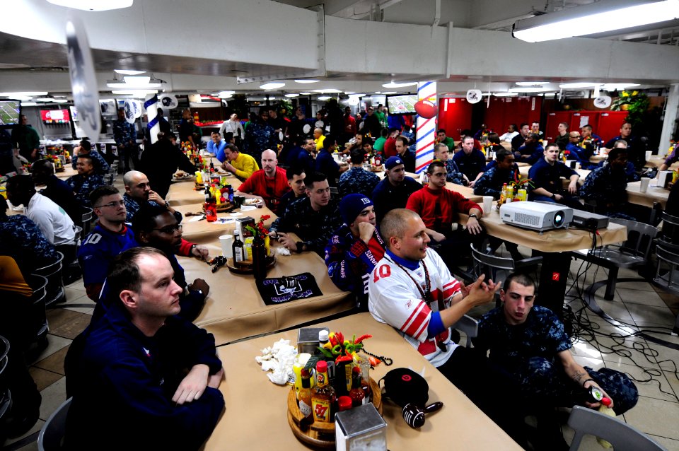 US Navy 120206-N-MD252-308 Sailors watch Super Bowl XLVI aboard the Nimitz-class aircraft carrier USS Carl Vinson (CVN 70)