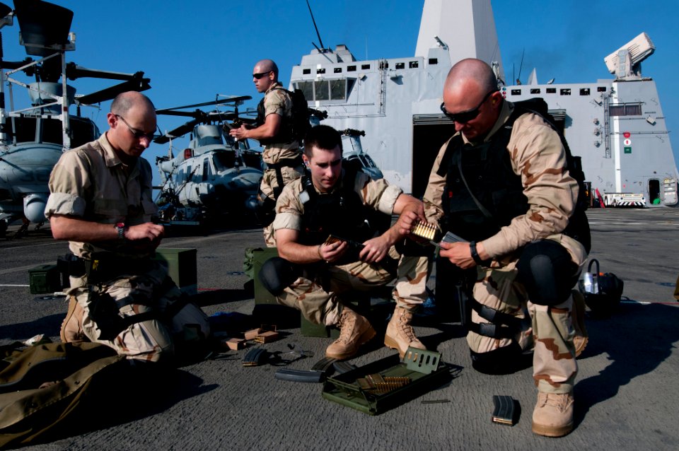 US Navy 111231-N-PB383-099 Sailors assigned to the visit, board, search, and seizure team aboard the amphibious transport dock ship USS New Orleans
