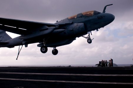 US Navy 111231-N-TZ605-155 An EA-6B Prowler assigned to Electronic Attack Squadron (VAQ) 134 makes an arrested recovery on the flight deck of the N