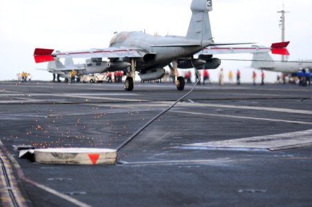 US Navy 111231-N-GZ832-487 An EA-6B Prowler assigned to Electronic Attack Squadron (VAQ) 134 makes an arrested landing aboard the Nimitz-class airc