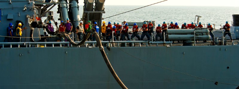 US Navy 120106-N-BT887-096 Sailors aboard the Arleigh Burke-class guided-missile destroyer USS John Paul Jones (DDG 53) pull a single-probe fueling