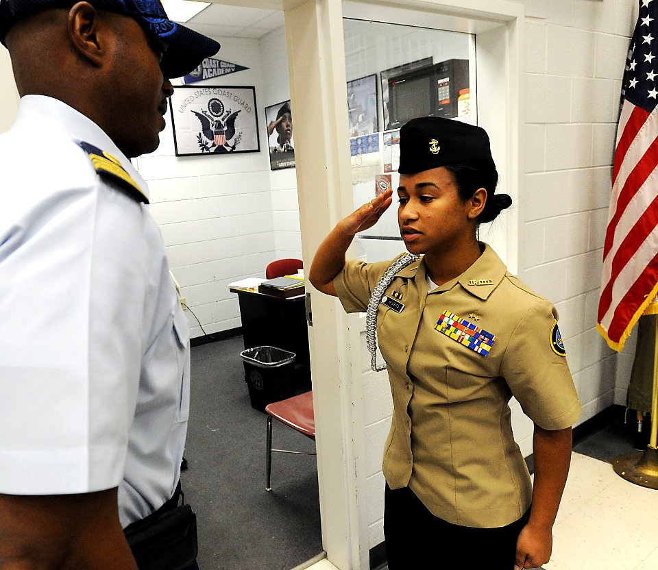 US Navy 120104-N-CD297-005 An officer inspects the uniform of a cadet