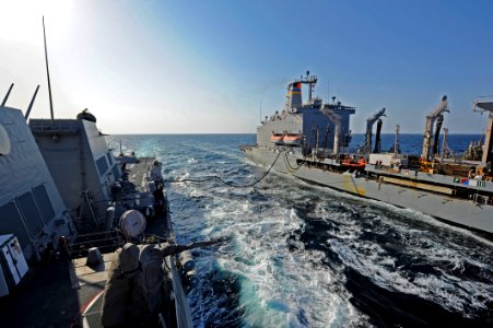 US Navy 111231-N-VH839-022 The Arleigh Burke-class guided-missile destroyer USS Dewey (DDG 105), left, receives fuel, food and supplies during an u