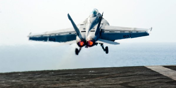US Navy 120108-N-OY799-069 An F-A-18F Super Hornet from the Black Aces of Strike Fighter Squadron (VFA) 41 launches off the flight deck of the Nimi