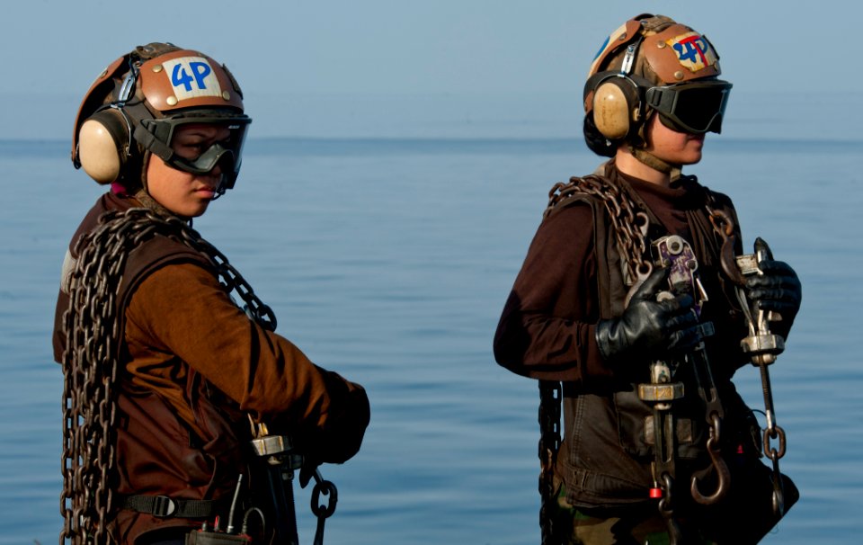 US Navy 120107-N-OY799-205 Plane captains from the Golden Dragons of Strike Fighter Squadron (VFA) 192 stand by during aircraft recovery operations