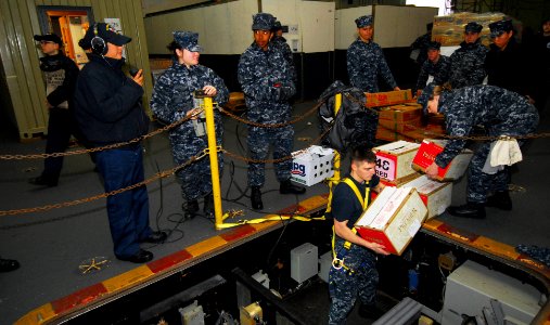 US Navy 120106-N-KM939-033 ailors from the Nimitz-class aircraft carrier USS George Washington's (CVN 73) supply department use an elevator in the