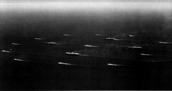 US Navy aircraft carriers and escorts underway in the Gulf of Tonkin c1965
