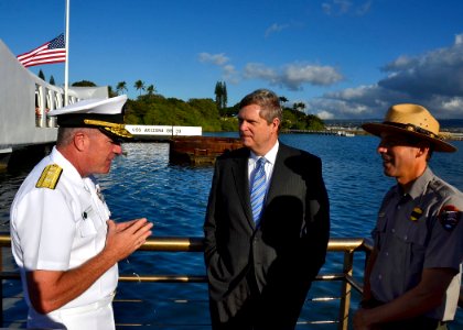 US Navy 120110-N-RI884-077 Secretary of Agriculture Tom Vilsack, center, visits the USS Arizona Memorial with Rear Adm. Glenn Robillard, left, and