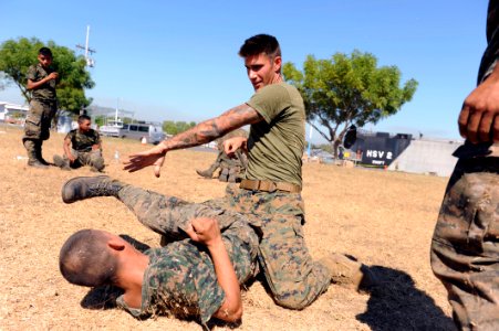 US Navy 120106-N-MN502-321 Cpl. Bradley Brouwer, assigned to the Marine detachment aboard High Speed Vessel (HSV 2) Swift, participates in a Marine