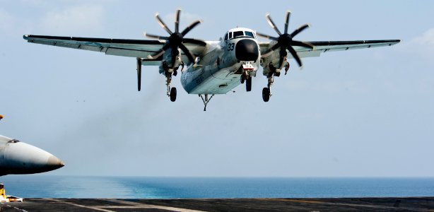 US Navy 120108-N-OY799-159 A C-2A Greyhound from the Providers of Fleet Logistics Combat Squadron (VRC) 30 prepares to land on the flight deck of t