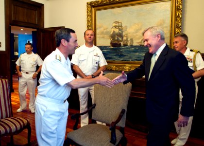 US Navy 120110-N-AC887-004 Secretary of the Navy (SECNAV) the Honorable Ray Mabus meets with Chilean navy Commander in Chief Adm. Edmundo Gonzalez
