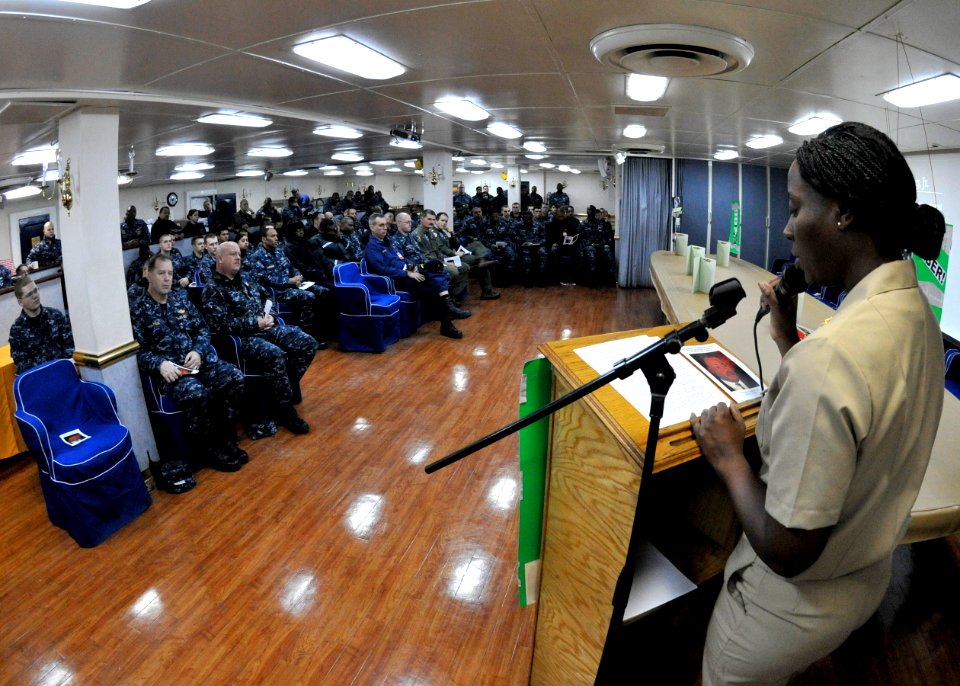 US Navy 120113-N-KM939-034 Chief Aviation Ordnanceman Mattie Hackney, from Daytona Beach, Fla., addresses Sailors aboard the nuclear-powered aircra