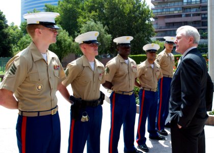 US Navy 120110-N-AC887-001 Secretary of the Navy (SECNAV) the Honorable Ray Mabus speaks with Marines assigned to the U.S. Embassy in Santiago, Chi