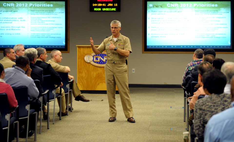 US Navy 120111-N-PO203-130 Rear Adm. Matthew L. Klunder, the 24th chief of naval research, discusses his 2012 priorities during his first all-hands