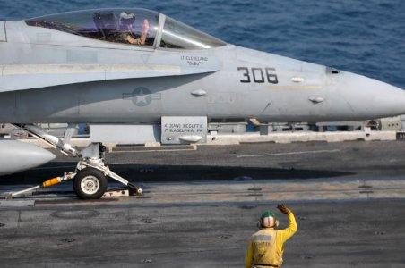 US Navy 120111-N-GZ832-227 Lt. Cmdr. Brian Tkach salutes a shooter as he prepares to launch from the flight deck of Nimitz-class aircraft carrier U