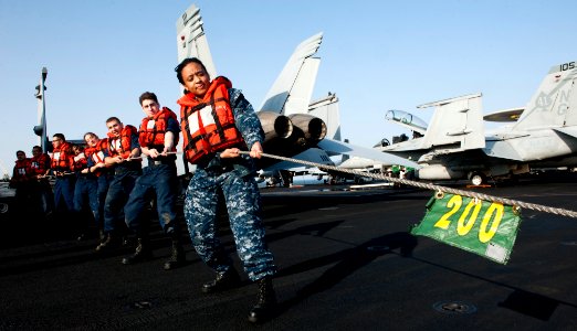 US Navy 120116-N-OY799-240 Sailors man the phone and distance line during a replenishment at sea aboard the Nimitz-class aircraft carrier USS John