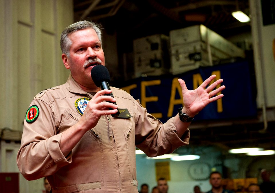US Navy 120114-N-DX615-314 Vice Adm. Mark Fox, commander of U.S. Naval Forces Central Command, addresses Sailors and Marines aboard the amphibious