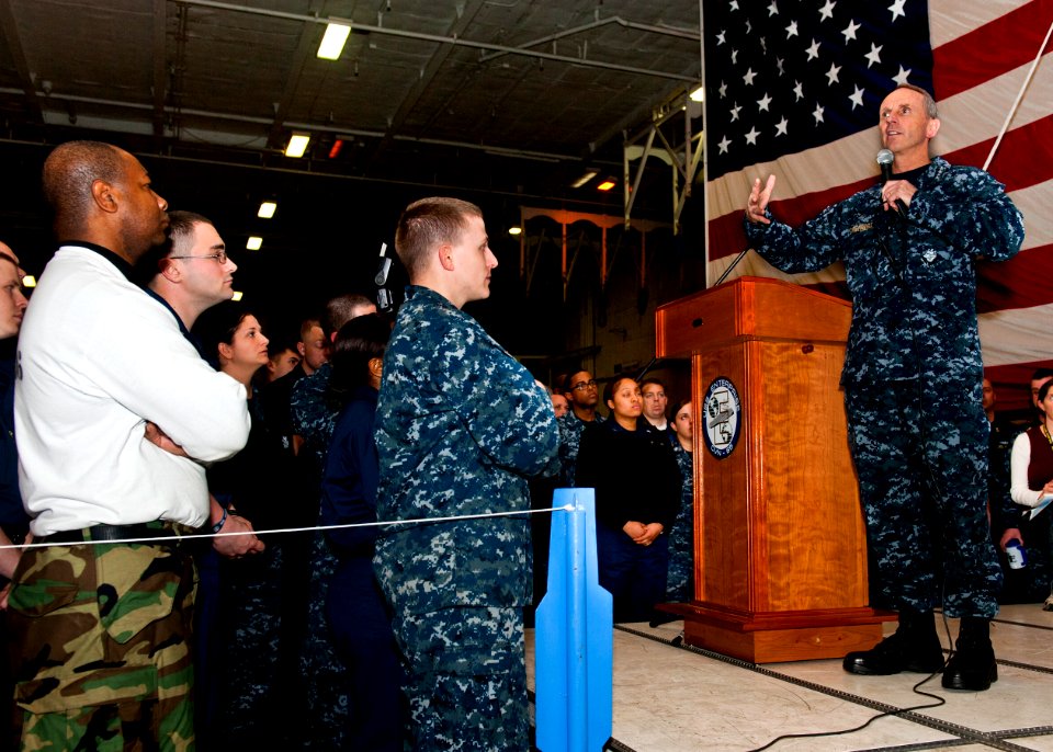 US Navy 120112-N-FI736-019 Chief of Naval Operations (CNO) Adm. Jonathan Greenert speaks to Sailors during an all-hands call aboard the aircraft ca