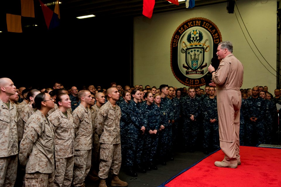US Navy 120114-N-DX615-348 Vice Adm. Mark Fox, commander of U.S. Naval Forces Central Command, addresses Sailors and Marines aboard the amphibious