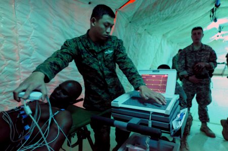 US Navy 120113-N-GO179-026 Hospital Corpsman Glen Marasigan monitors the EKG reading of Logistics Specialist Seaman Wayne Terry, explaining the res photo
