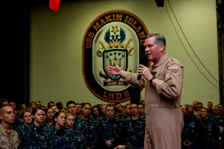 US Navy 120114-N-DX615-340 Vice Adm. Mark Fox, commander of U.S. Naval Forces Central Command, addresses Sailors and Marines aboard the amphibious