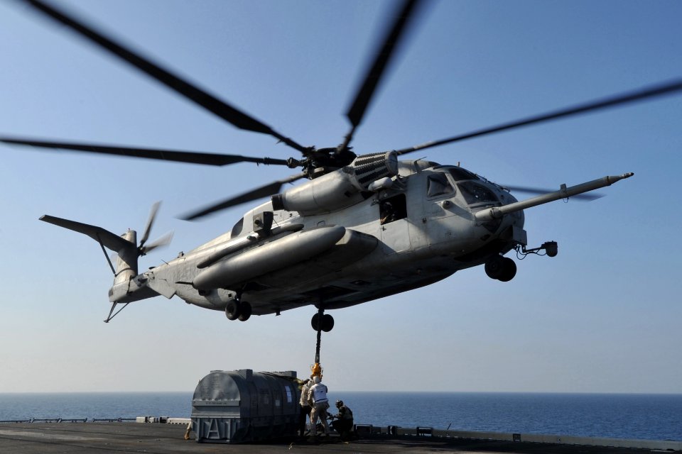 US Navy 120116-N-KD852-409 A CH-53E Super Stallion assigned to the Red Dragons of Marine Medium Helicopter Squadron (HMM) 268 Reinforced prepares t