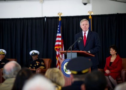 US Navy 120117-N-AC887-602 Secretary of the Navy (SECNAV) the honorable Ray Mabus delivers remarks during a ceremony