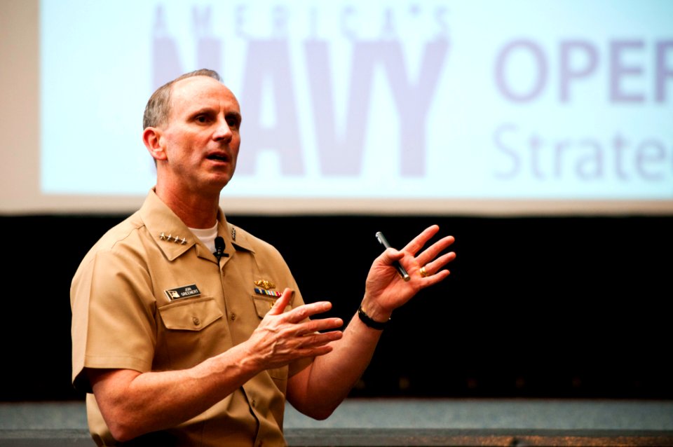 US Navy 120119-N-WP746-008 Chief of Naval Operations (CNO) Adm. Jonathan Greenert conducts an all-hands call to more than 500 Hawaii-based Sailors