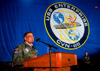 US Navy 120121-N-FI736-297 Secretary of Defense Leon E. Panetta speaks to Sailors in the hangar bay of the aircraft carrier USS Enterprise (CVN 65)