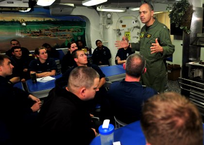 US Navy 120117-N-NL401-050 Rear Adm. Dennis E. FitzPatrick, commander of Strike Force Training Atlantic, addresses Sailors aboard the Arleigh Burke