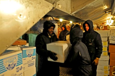 US Navy 120119-N-ZI635-311 Sailors move supplies into a freezer aboard the Nimitz-class aircraft carrier USS Carl Vinson (CVN 70) during a replenis