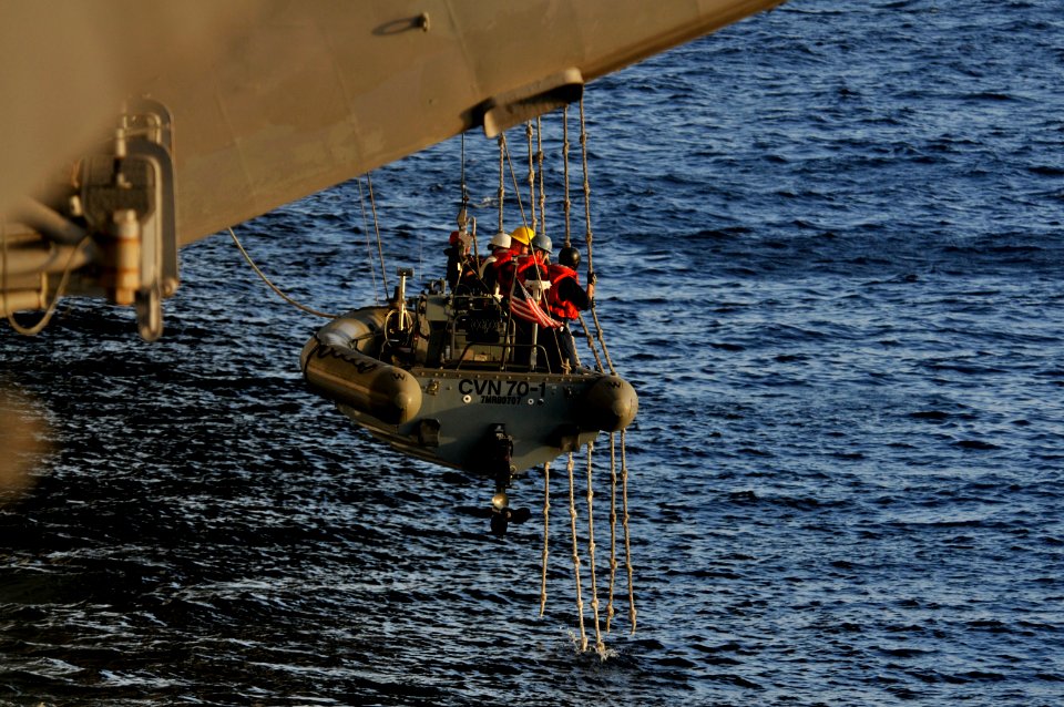 US Navy 120117-N-ZI635-010 Sailors launch a rigid hull inflatable boat during a man overboard drill aboard the Nimitz-class aircraft carrier USS Ca