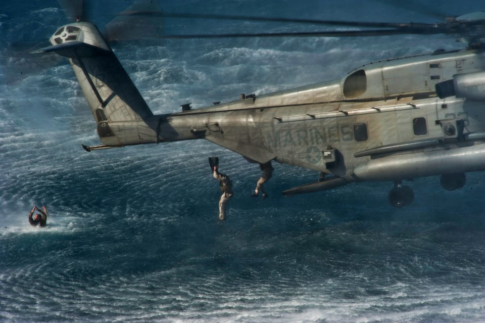 US Navy 120119-N-DX615-121 Marines assigned to the 11th Marine Expeditionary Unit (11th MEU) conduct insertion exercises from a CH-53E Super Stalli