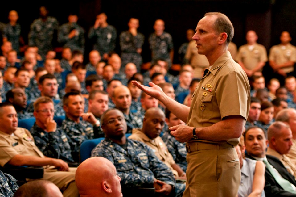 US Navy 120119-N-WP746-011 Chief of Naval Operations (CNO) Adm. Jonathan Greenert conducts an all-hands call to more than 500 Hawaii-based Sailors