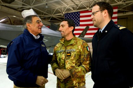 US Navy 120120-D-BW835-016 Secretary of Defense Leon E. Panetta speaks to members of the Italian military at the Joint Strike Fighter hanger at Nav
