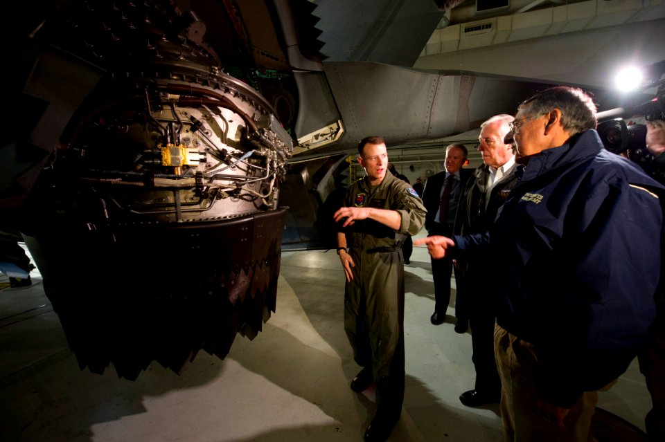 US Navy 120120-D-BW835-019 Secretary of Defense Leon E. Panetta and Congressman Steny Hoyer (D-Md) are shown the engine of the F-35 Joint Strike Fi