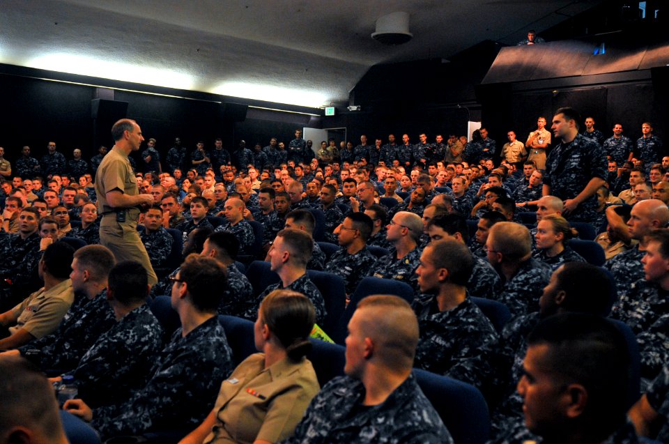US Navy 120119-N-YQ566-124 Chief of Naval Operations (CNO) Adm. Jonathan Greenert delivers remarks and answers questions from Sailors stationed at