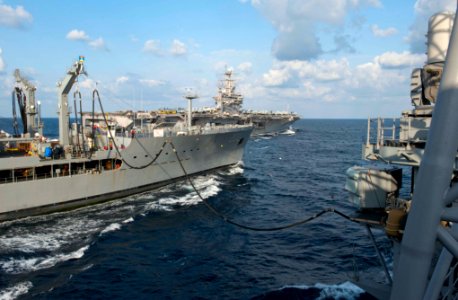 US Navy 120121-N-VY256-167 The Nimitz-class aircraft carrier USS Abraham Lincoln (CVN 72) breaks away from the Military Sealift Command fleet reple
