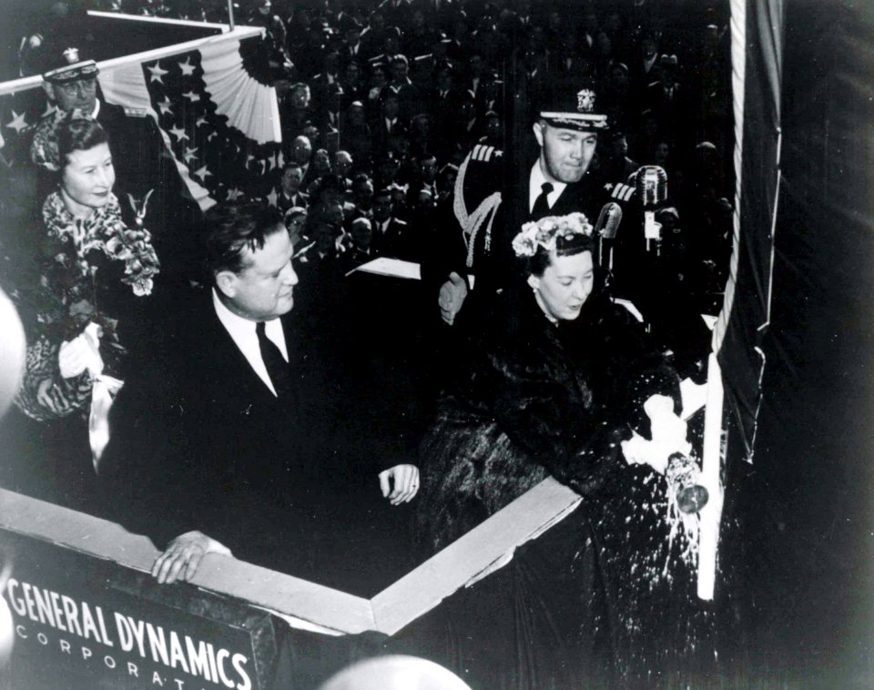 US Navy 120120-N-ZZ999-004 In this file photo taken Jan. 21, 1954, First lady Mamie Eisenhower christens the nuclear-powered submarine USS Nautilus