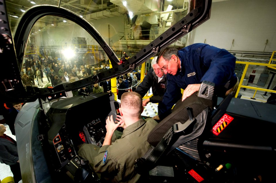US Navy 120120-D-BW835-017 Secretary of Defense Leon E. Panetta and Congressman Steny Hoyer (D-Md) are shown the cockpit of the F-35 Joint Strike F